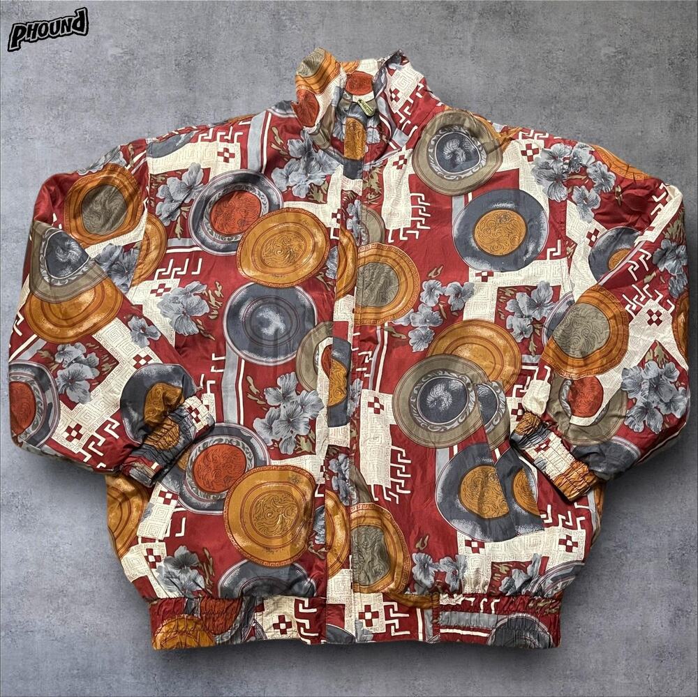 CoAco Jacket Womens Small Red Silk Bomber Windbreaker Floral Medallion Print